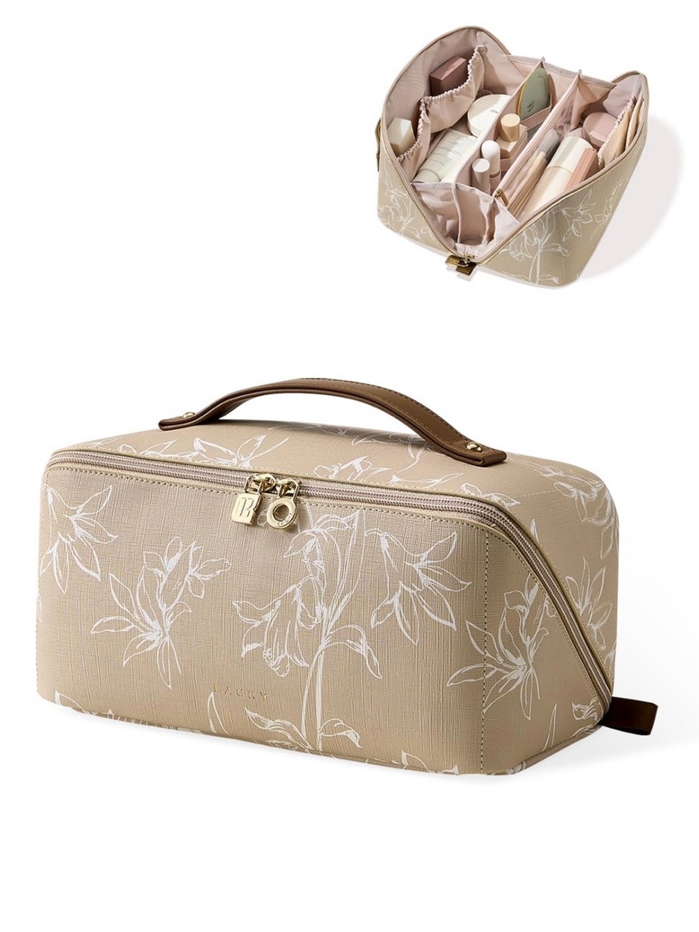 EACHY Beige Floral Travel Makeup Case - Structured Cosmetic Organizer